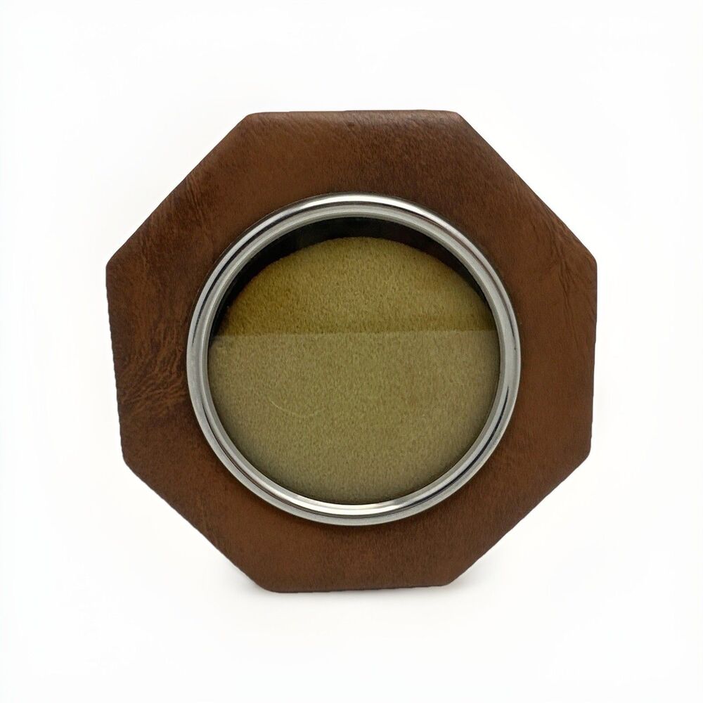 Vintage Marcolar Spain Leather Wood Round Picture Frame Octagon Tabletop Photo